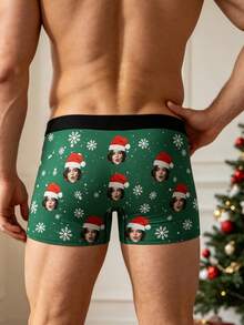 Men Custom Female Face With Santa Hat, Red Lip Print & Funny Cartoon Graphic Green Polyester Boxer Briefs For Christmas Flirty Novelty Personalized - Multicolor - View 2