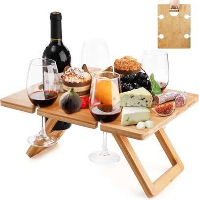 Portable Wine Picnic Table With 5 Wine Glasses Holder, Foldable Champagne Snack Tables, Beverage And Cheese Table Picnic, Camping, Park, Beach, Outdoor Lover
