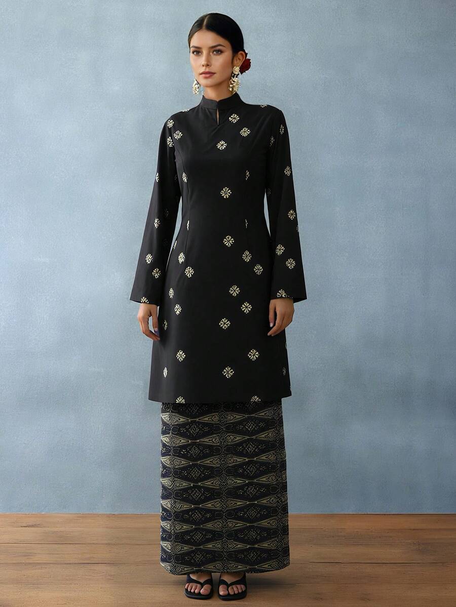 Baju Pahang Women's Elegant Stand Collar Printed Long Sleeve 2 Pieces Set, Suitable For Daily And Vacation Wear - Black - View 1