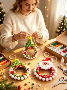Bộ 1 set vật liệu làm vòng hoa treo Giáng Sinh DIY bằng ống lông mềm, trang trí treo hình ông già Noel, tuần lộc, người tuyết và cây thông kèm chuỗi ngọc trai và dây xoắn, đồ thủ công handmade trang trí phù hợp cho cửa sổ ô tô và nhà, gồm túi quà, quà tặng tiệc lễ Giáng Sinh handmade hoàn hảo - Bộ nguyên liệu DIY - Xem 6