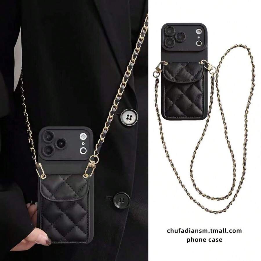 Casing Ponsel dengan Tempat Kartu Motif Berlian, Kompatibel dengan iPhone 17 Pro Max, Apple 16, 15/14/13/12/11, Tali Selempang, Pelindung Penuh. - Hitam - View 1