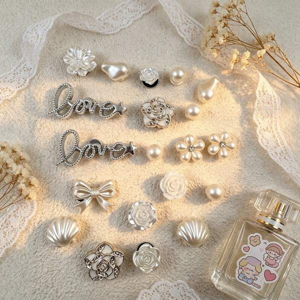 20pcs Y2K Pearl Shoe Charms, Silver Letter Pearl Faux Shell Rose Flower Accessories, Detachable DIY Accessories, Suitable For Various Sandals And Slippers