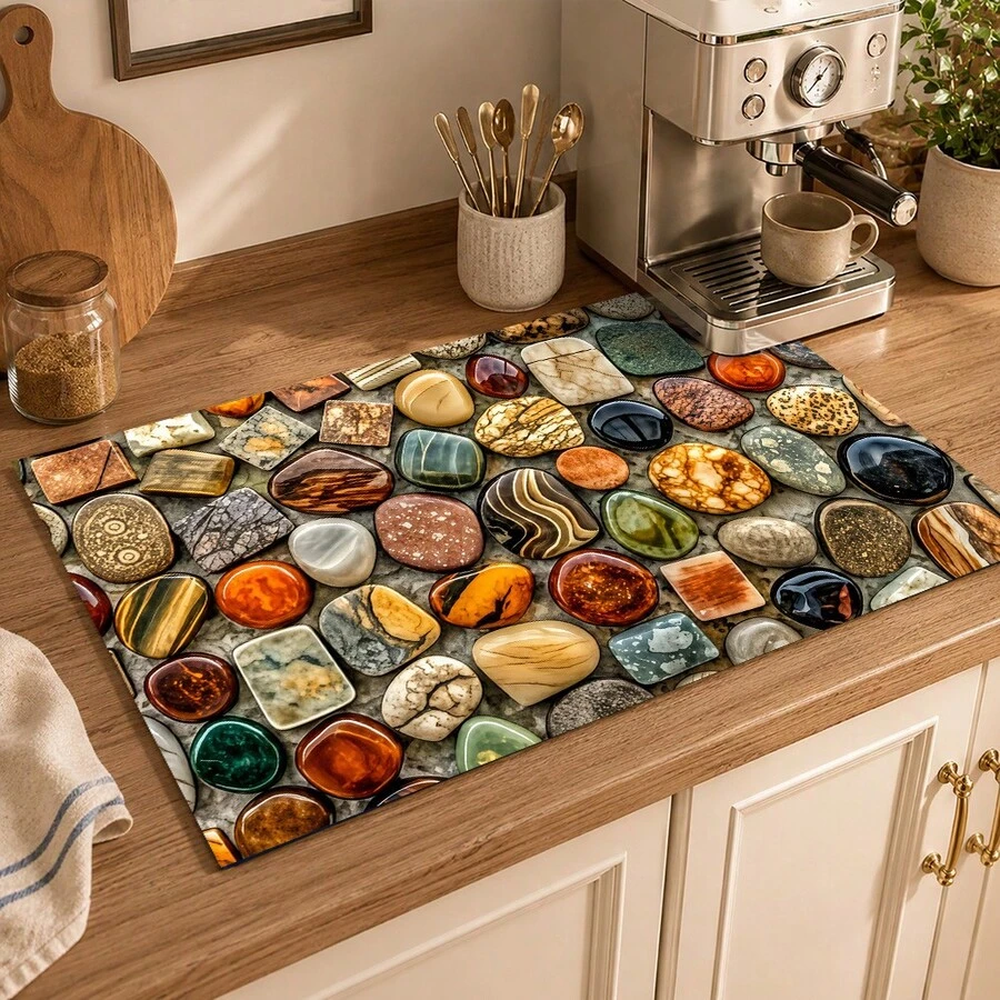 1pc Colorful Gemstone Pebble Print Diatom Mud Kitchen Drain Mat, Absorbent Quick-Dry Non-Slip Coffee Machine Mat, Suitable For Kitchen Countertop, Dish Rack, Dining Table And Coffee Bar Decor - Multicolor - View 1