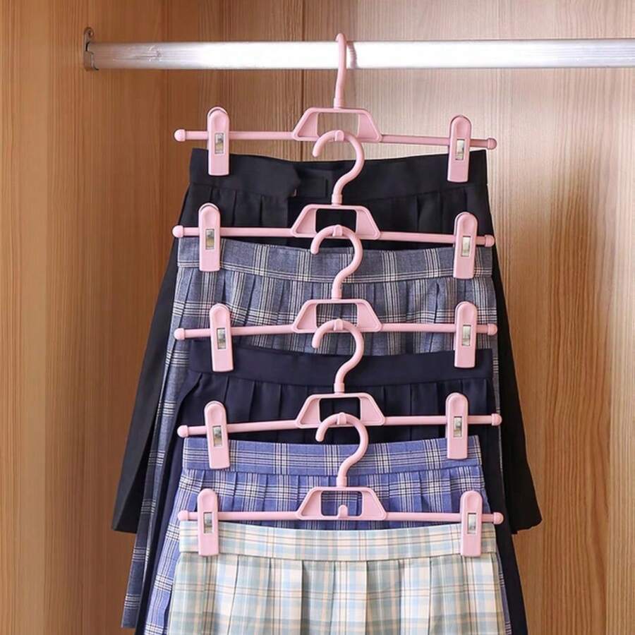 5pcs Plastic Rotating Clothes Hangers With Non-Slip Clips For Pants/Home Storage, Beige