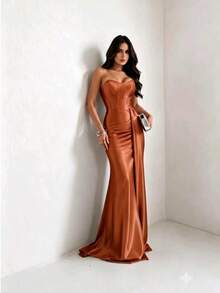 Satin Dress For Parties And Special Occasions, Strapless, Elegant - 亮橙色 - 查看 6
