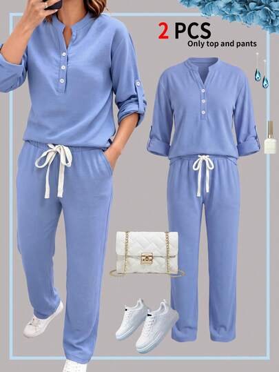 Women's Solid Color Button Half-Placket Rolled Sleeve Shirt And Jogger Pants Sports Set 2-Piece