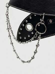 MortiRose 1pc Solid Color Punk Street PU Leather Heavy Rivet Curved Hook Rhinestone Chain Belt, Y2K American Baddie Fashion Punk Retro Style Waist Belt - Black - View 4