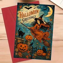 1 Greeting Card + 1 Envelope Mystical Halloween Greeting Card, Witch Flying On Broomstick "Halloween Greetings", Perfect For Friends, Spooky Autumn Vintage Art Style. - View 11