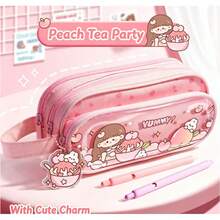 1pc Cute Cartoon Large Capacity Fabric Pencil Case, Multi-Layer Transparent Window Storage Bag With Pendant, Portable Handheld Zipper Stationery Organizer - Pencil Case - View 13