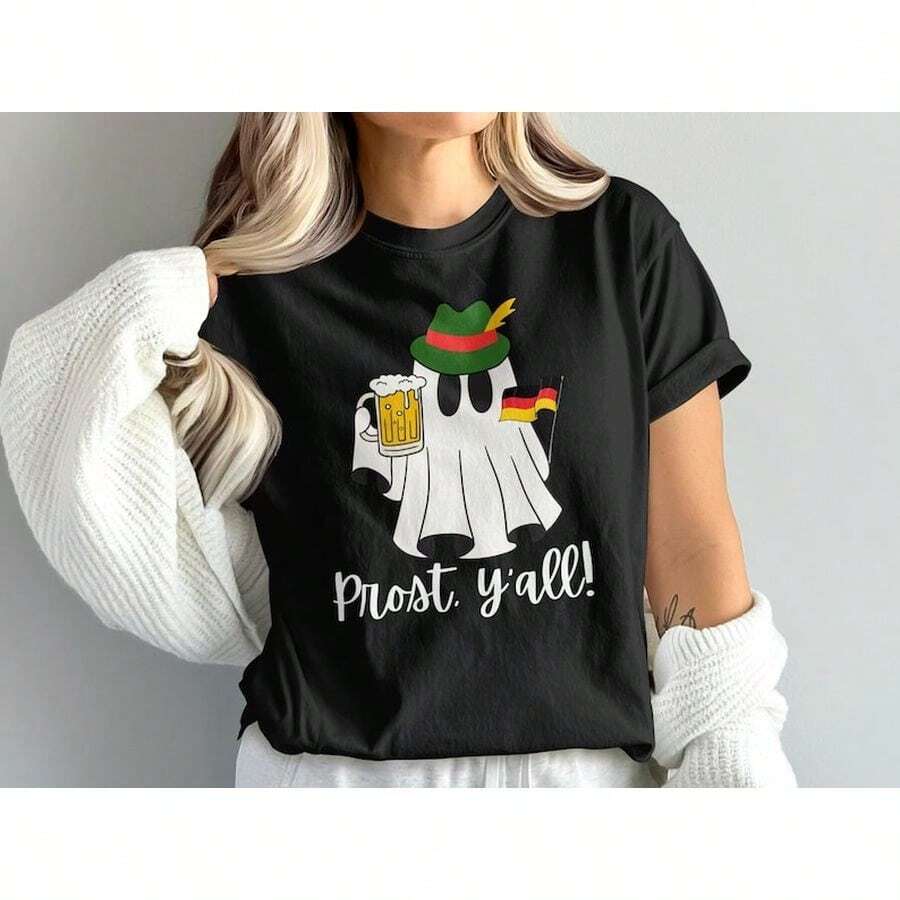Camiseta Oktoberfest, Camiseta de Cerveza Fantasma Prost Y'all, Camiseta - Negro - Ver 1