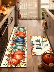 1/2pcs Thanksgiving Multi-Color Pumpkin Pattern Kitchen Decor Rug, Autumn Kitchen Carpet And Mat, Non-Slip Washable Absorbent Kitchen Accessories Decorative Mat, Thanksgiving Holiday Gift! - Multicolor - View 4