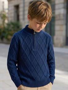 Boys' Preppy Solid Color Half-Zip Argyle Knit Pullover Sweater, Suitable For School Spring, Autumn, Winter - Navy Blue - View 5