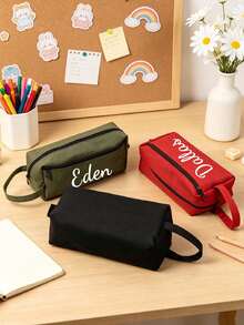Embroidered Personalized Custom Name Canvas Pencil Case, Portable Handheld Large Capacity Zipper Stationery Bag, Multi-Color Simple Pencil Pouch, Customized Text Back To School Supplies Gift - Multicolor - View 4
