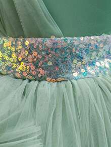 Tween Girl Sequin Decorated Asymmetrical Shoulder Bow Puff Cake Train Dress For Wedding Birthday Occasions All Season - Mint Green - View 7