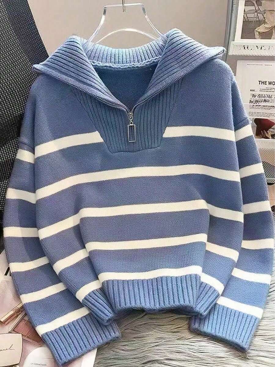 秋冬女款條紋小立領套頭毛衣,高端簡約時尚長袖上衣,休閒秋季穿搭 - 霧霾藍 - 查看 1