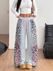 Y2K Grey Gradient Leopard Print Wide Leg Drawstring Elastic High Waist Street Style Graffiti Sweatpants For Women, Suitable For School, Spring, Autumn, Summer - Multicolor - View 3