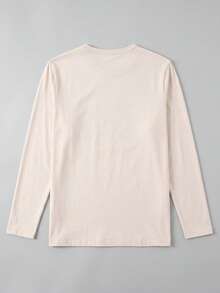 Men's Solid Color Long Sleeve T-Shirt, Small V-Neck, Pocket Design, Casual Loose Fit Base Layer Top, Spring/Autumn - Apricot - View 9