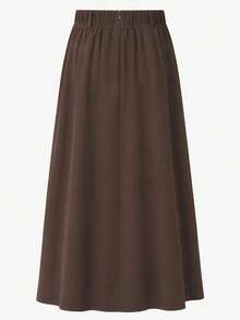 High Waist Patchwork Long A-Line Skirt, Women's Solid Brown Flared Hem Maxi Skirt, Autumn/Winter - Dark Brown - View 8