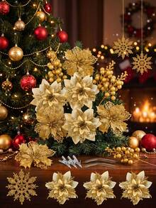 10pcs/60pcs 1 Set Christmas Artificial Poinsettia Flower Stems With Clips, Glitter Faux Flower Decor, DIY Christmas Tree Hanging Ornaments, Holiday Home Decoration, Suitable For Wreaths, Garlands, Tabletop Arrangements, Winter Indoor, Farmhouse Windowsill Fireplace Holiday Decor - Multicolor - View 2