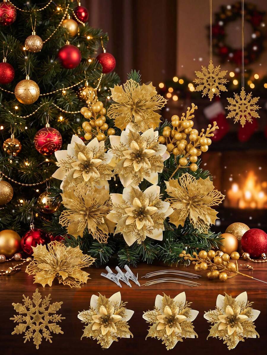 10pcs/60pcs 1 Set Christmas Artificial Poinsettia Flower Stems With Clips, Glitter Faux Flower Decor, DIY Christmas Tree Hanging Ornaments, Holiday Home Decoration, Suitable For Wreaths, Garlands, Tabletop Arrangements, Winter Indoor, Farmhouse Windowsill Fireplace Holiday Decor