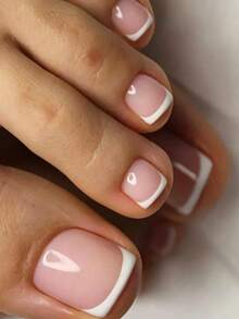 96 Pcs Glossy Fake Toenails, 12 Sizes/Box, White French Manicure, Press-On Nails, Full Cover Short Square False Toenails, Artificial Acrylic Pedicure Patches, With Buckle, Suitable For Women And Girls - White - View 3