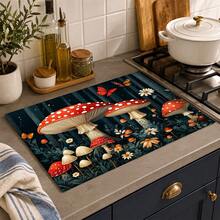 1pc Colorful Mushroom Kitchen Countertop Mat, Black Floral Pattern Diatomaceous Earth Absorbent Drainage Mat, Non-Slip Coffee Machine Mat And Dish Drying Mat - Multicolor - View 3
