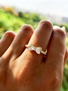 1pc Gold-Tone White Zirconia Bow-Knot Design Women's Ring Set, Elegant & Fashionable, Suitable For Stacking - Gold - View 6