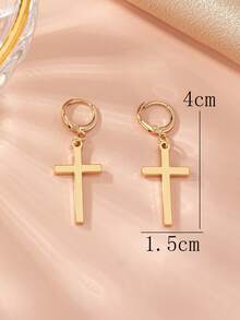1 par de pendientes colgantes de cruz geométrica de metal minimalista de moda, 2 tamaños, adecuados para uso diario casual, fiesta, vacaciones - pendientes de cruz - Ver 6