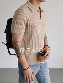 GRKC Men's Polo Shirt, Collared Short Sleeve Knitted Slim Fit Straight Leg Casual Style Solid Color Knit T-Shirt, Spring/Summer - Khaki - View 3