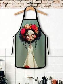 2Pcs Zombie Bride Day Of The Dead Apron Set, Spooky Cute Corpse Bride Floral Crown Kitchen Apron, Gothic Sugar Skull Catrina Cooking Apron, Halloween Wedding Chef Apron For Baking Grilling - Multicolor - View 5