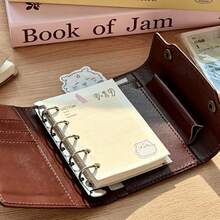 Vintage Dark Brown Triple Fold M5 5-Hole Loose-Leaf Binder Cover, Multi Pocket PU Leather Journal Planner With Refillable Inner Pages, Learning Supplies, Back To School Supplies, Portable Mini Hand Account Notebook For Students - A - View 3