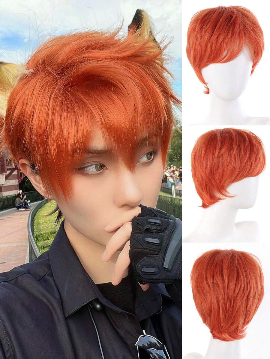 Orange Short Layered Men Cosplay Wig Synthetic Heat Resistant Fiber Anime Wig For Male Halloween Party Costume Daily Fashion Wig