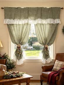 1pc Green Plaid Layered Curtain Set With Lace Ruffle Valance, Rod Pocket Farmhouse Style Cafe Curtains, Sheer Semi-Transparent For Kitchen Bathroom Small Window Decor - Green - View 10
