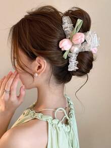 1pc New-Style Women's French-Style Tulip Net Mesh Hairpin To Hold The Hair At The Back Of The Head, Hair Claw Hair Accessory . - Multicolor - View 3