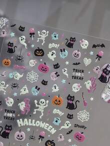 1pc 5D Luminous Effect Halloween Nail Stickers Skull Ghost Pumpkin Bat Self Adhesive Nail Art Decals - Multicolor - View 2