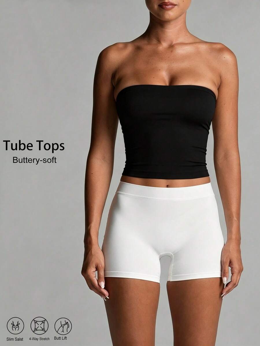 Women's Sports Casual Bandeau Crop Top, Removable Padding, Solid Color Basic Bandeau Top, Suitable For Training, Running, Yoga, Gym And Daily Wear - Black - View 1