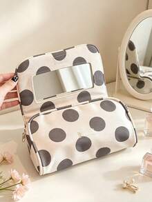 Vintage Grey Polka Dot Makeup Bag, Built-In Mirror, Travel Cosmetic Storage Box, Zippered Skincare Organizer Bag, Suitable For Lipstick, Makeup Tools, Daily Use - Multicolor - View 2