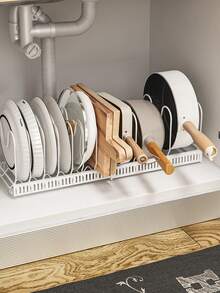 Expandable Kitchen Cookware/Kitchen Utensil Storage Rack/Organizer, Vertical Storage Stand Suitable For Countertop And Drawer Cabinet (Can Store Pot Lids, Frying Pans, Baking Trays, Plates, Cutting Boards), Multi-Functional Cabinet Organizer, Space-Saving Kitchen Storage Solution (Suitable For Countertop, Pantry, Cabinet), White Kitchen Storage Accessory, Multi-Slot Vertical Design Keeps Kitchen Utensils Tidy, Suitable For Home Kitchen, Apartment, RV And Small Space Countertop, Independent Vertical Cookware Rack, Multi-Functional Kitchen Essential For Organizing Pot Lids, Frying Pans, Baking Trays And Tableware. - Multicolor - View 6