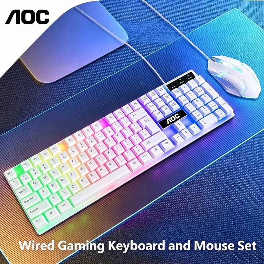 AOC KM100 Keyboard And Mouse Combo, RGB Backlit, White, USB Wired, Mechanical Gaming Keyboard, Ergonomic Design - View 1