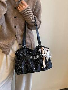 New Casual Solid Color Oxford Cloth Tote Bag, Star Pattern, Pleated Fabric Women Shoulder Bag - Black - View 4
