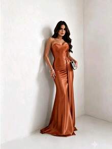Satin Dress For Parties And Special Occasions, Strapless, Elegant - 亮橙色 - 查看 4