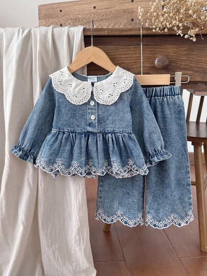Bộ 2 món áo denim tay dài cổ Peter Pan thêu ren rỗng phong cách vintage thanh lịch và quần cho bé gái, mỏng, mùa xuân/thu