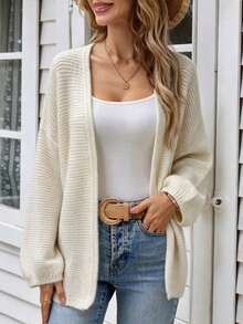 Textured Knit Cardigan, Relaxed Fit, V-Neckline, Long Balloon Sleeves, Soft Stretch, Apricot, Elegant Fall Winter Layering Sweater - Apricot - View 5