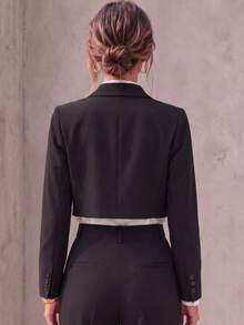 Women's Elegant Black Short Blazer, Long Sleeve Design; Fashionable Woven Fabric Blazer For Autumn - Black - View 3