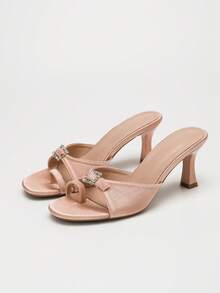 Women's Light Pink Satin Rhinestone Square Buckle Stiletto High Heel Slide Sandals, Toe-Post Mule Slippers, Sexy Party Shoes For Summer - Baby Pink - View 10