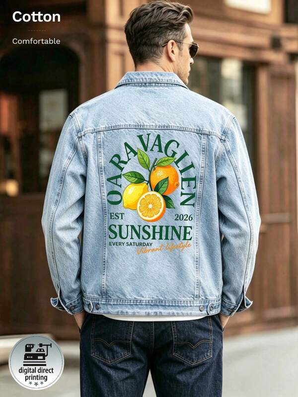 Men's Denim Jacket, Fresh Lemon Pattern White Ink Spray, Retro Washed Long Sleeved Denim Jacket, Very Suitable For Daily Casual Wear.
