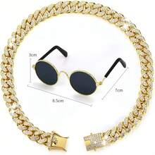 Rhinestone Gold Dog Collar, Hip-Hop Style Gold Dog Necklace, Chunky Gold Chain Cat Collar, Full Rhinestone Fashion Pet Collar - Gold - View 7
