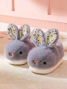 Pantuflas de casa para niños con patrón de conejo de dibujos animados, antideslizantes, cálidas y silenciosas, adecuadas para uso en interiores - Gris - Ver 2