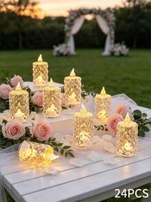 24pcs LED Electronic Candle Lights With Rose Pattern Halo Projection - Flameless, Battery Operated Mini Candles For Wedding, Valentine's Day, Halloween, Christmas And Cozy Home Decor, Wedding Atmosphere Lighting | Decorative LED Lights | Textured Surface Lights - Candle Light - View 13