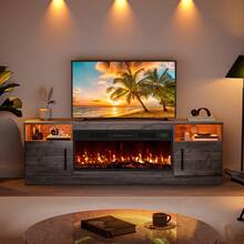 Modern Fireplace TV Stand With 36" Electric Fireplace, And Storage Cabinet With LED Light For TVs Up To 80" - High Gloss Wood Design For Living Room - 查看 7